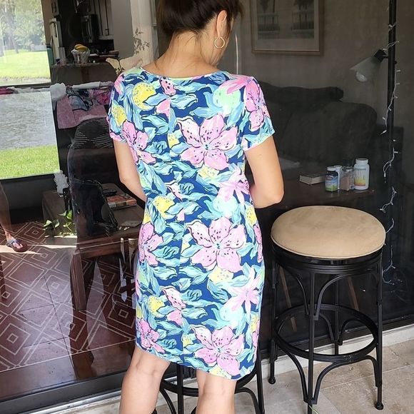 VEUC Sz M LP S/S Navy Pink Yellow Green Dress - Picture 3 of 11